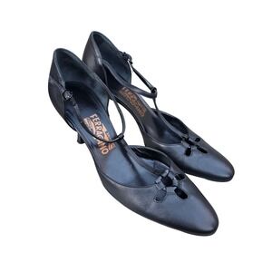 Salvatore Ferragamo Black Leather T-Strap‎ Cutout Pumps Heels Made in Italy 9